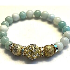 Bracelet Green Gold Beads 7.25" Bangle Stunning Beaded Jewelry Larger Size Wrist